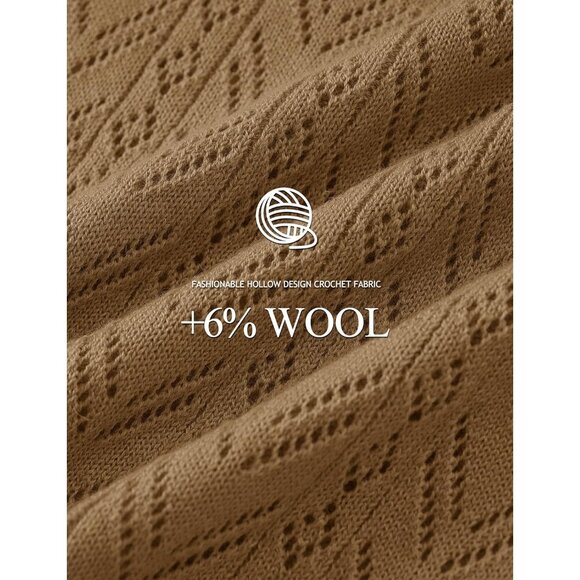 Women's Camel Wool Long Sleeve Crochet Pullover V Neck Lightweight Sweater - Picture 5 of 7